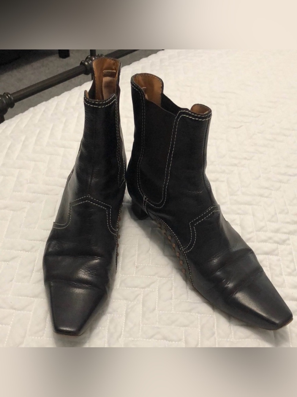 Tod's Dark Brown Leather Western Chelsea Boots with White Stitching